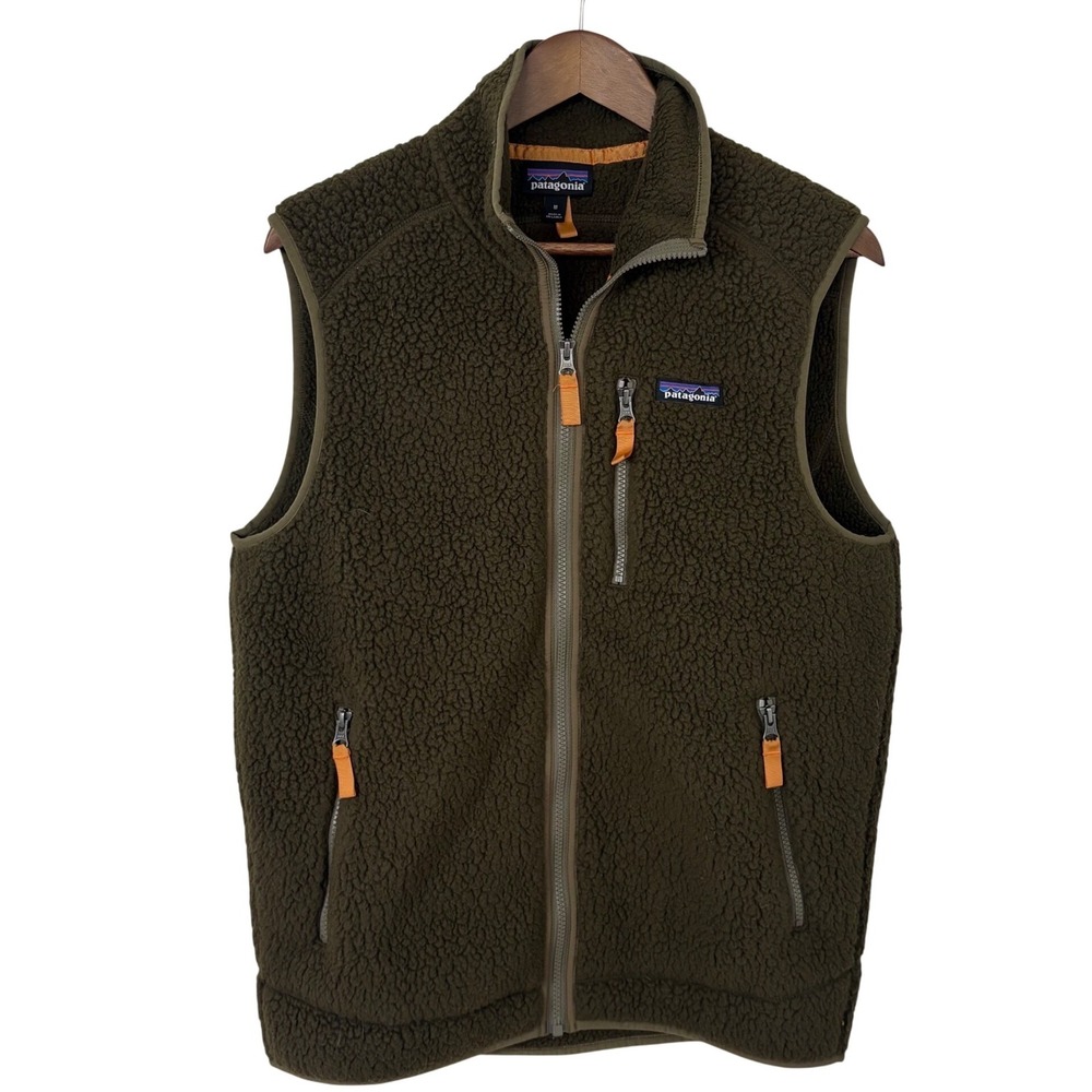 Patagonia Retro Pile Fleece Vest Mens M Olive Green Full Zip Sleeveless Layer